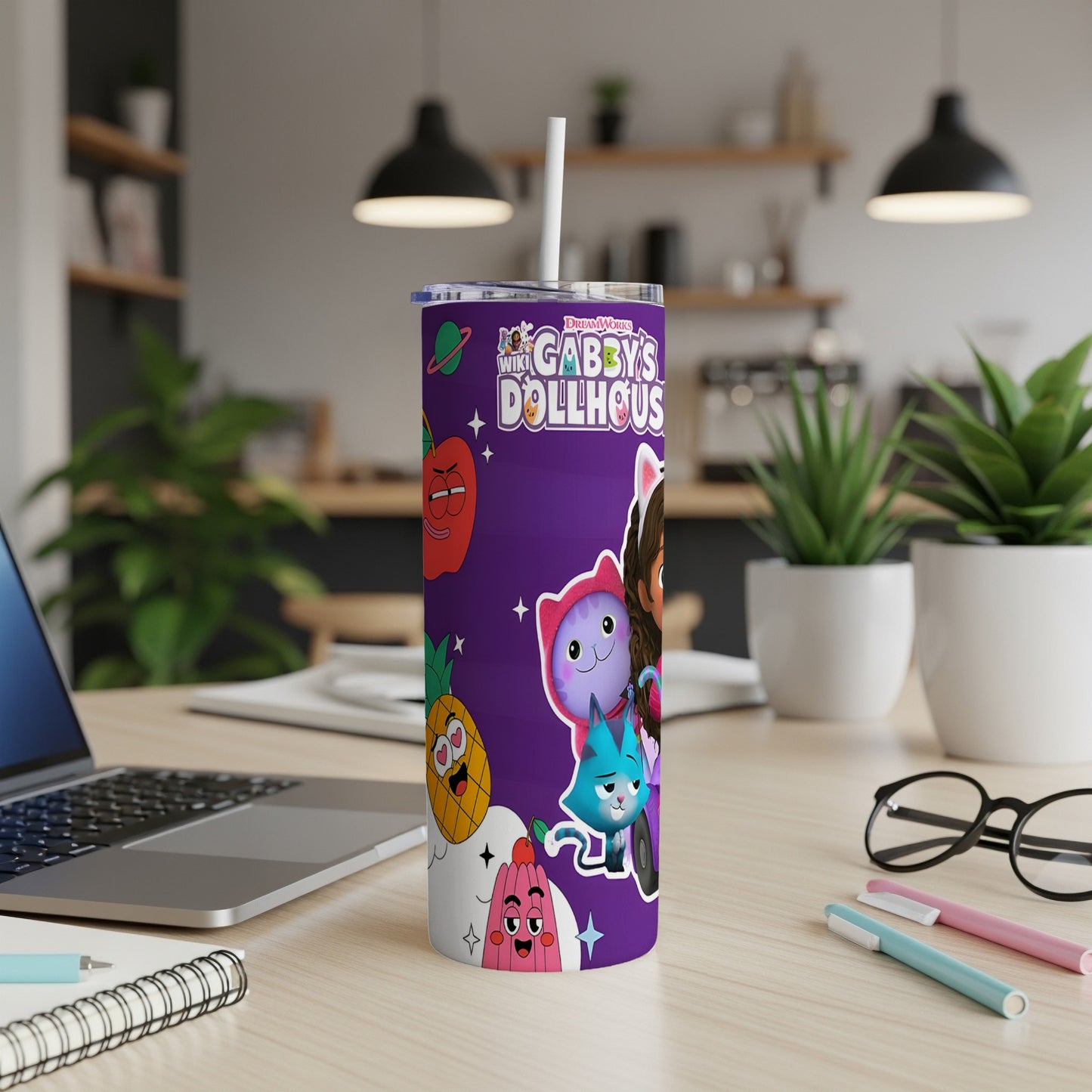 Gabby's Dollhouse tumbler with cartoon characters and colorful fruit graphics.