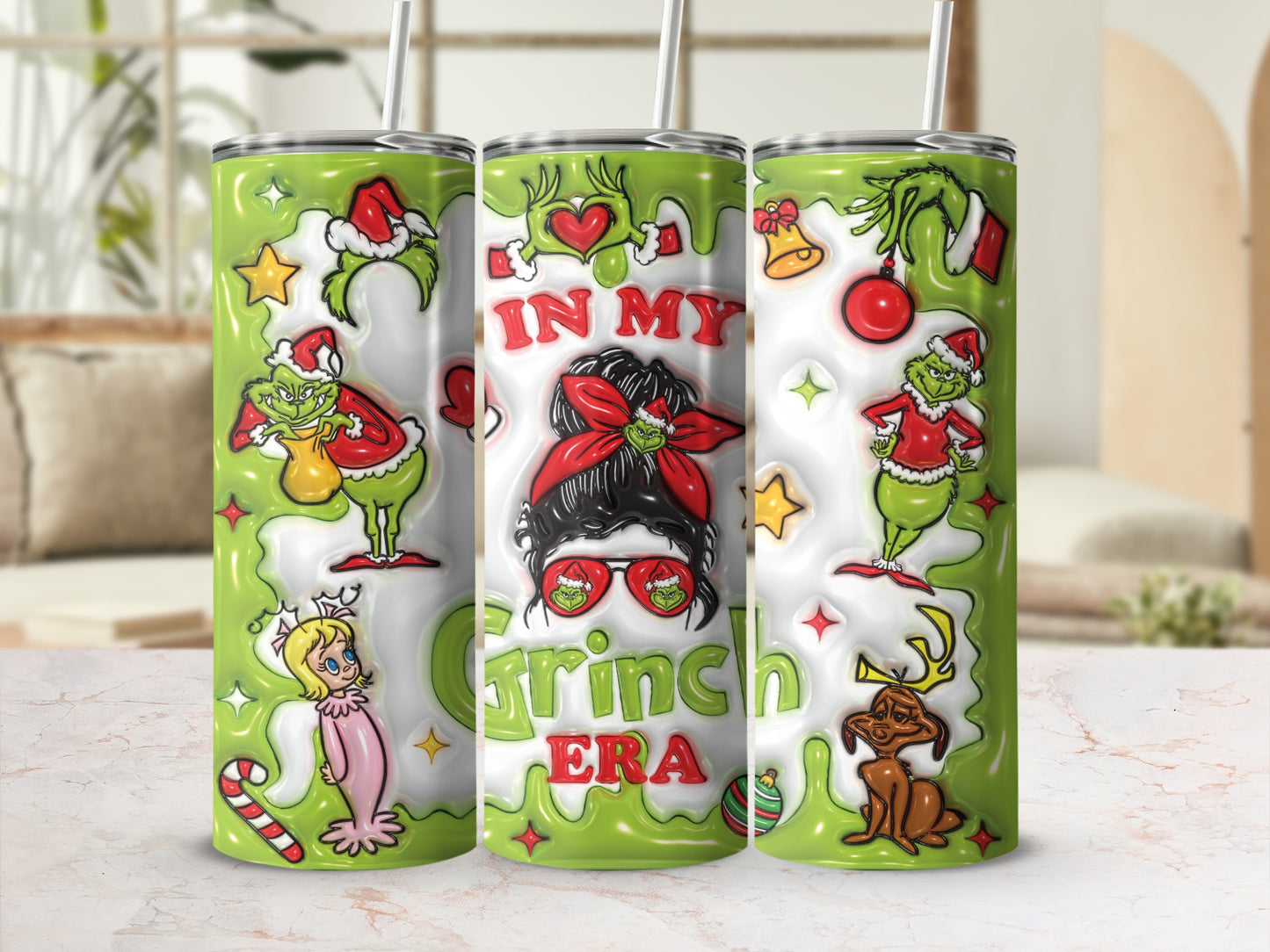 Grinch Era Themed Tumbler With Straw Christmas Gift