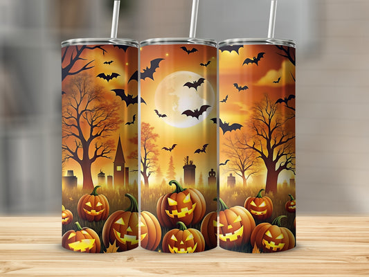 Halloween scene with pumpkins, bats, and a spooky graveyard under a full moon.