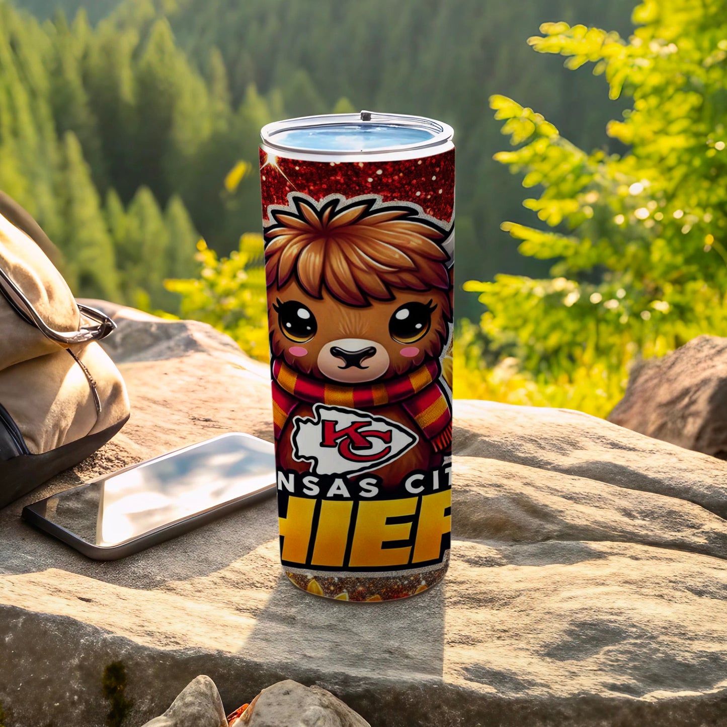 Kansas City Chiefs llama tumbler with glitter accents and scarf.