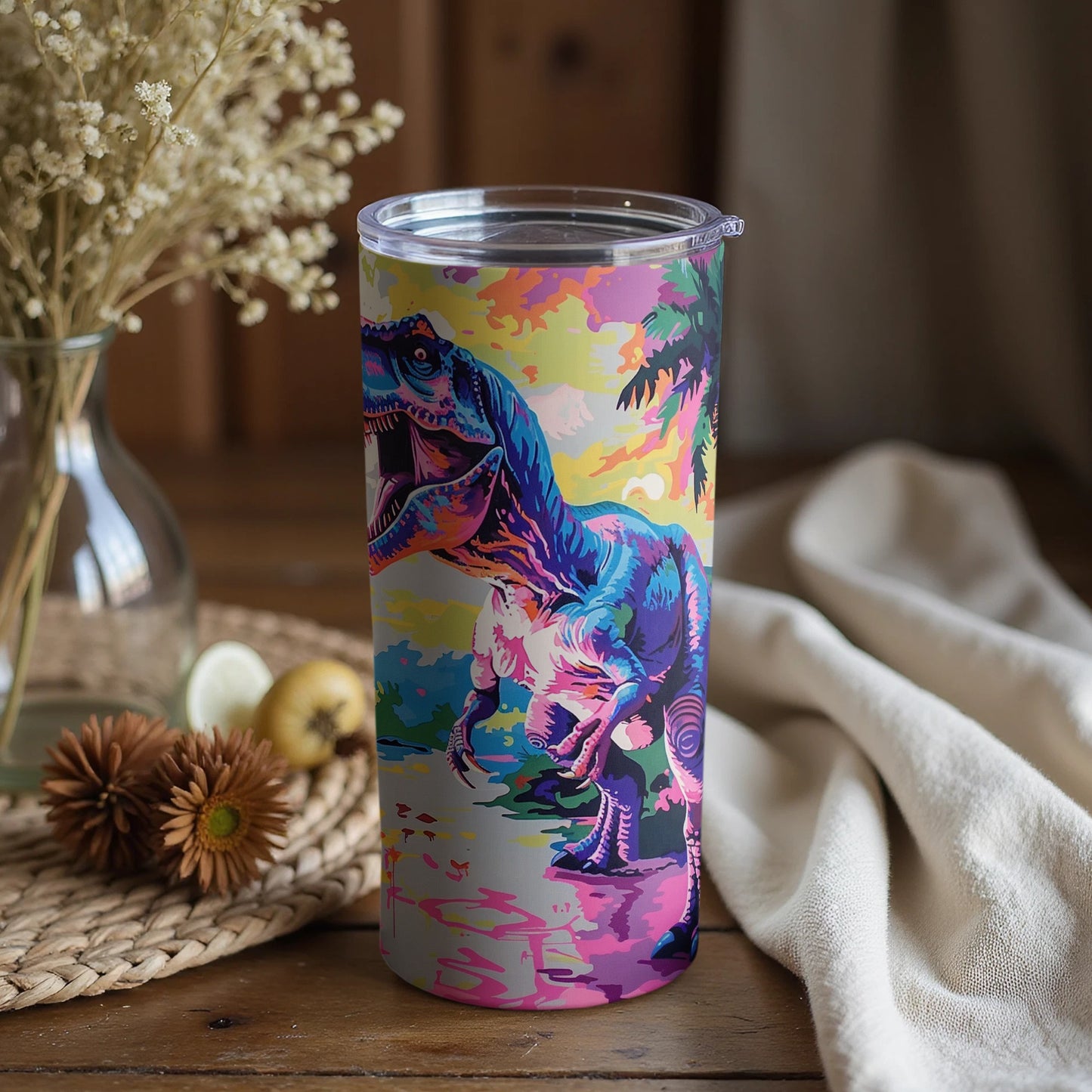 Vivid Dinosaur Patterned Drink Tumbler product type
Dinosaur, Tumbler, T Rex, Colorful, Vibrant, Psychedelic, Pop Art, Abstract, Drinkware, Travel Mug, Beverage, Dino Print, Unique Gift, Reptilian, Jurassic, Creature Art, Palm Tree, Modern Design, Water Bottle, Artistic Mug