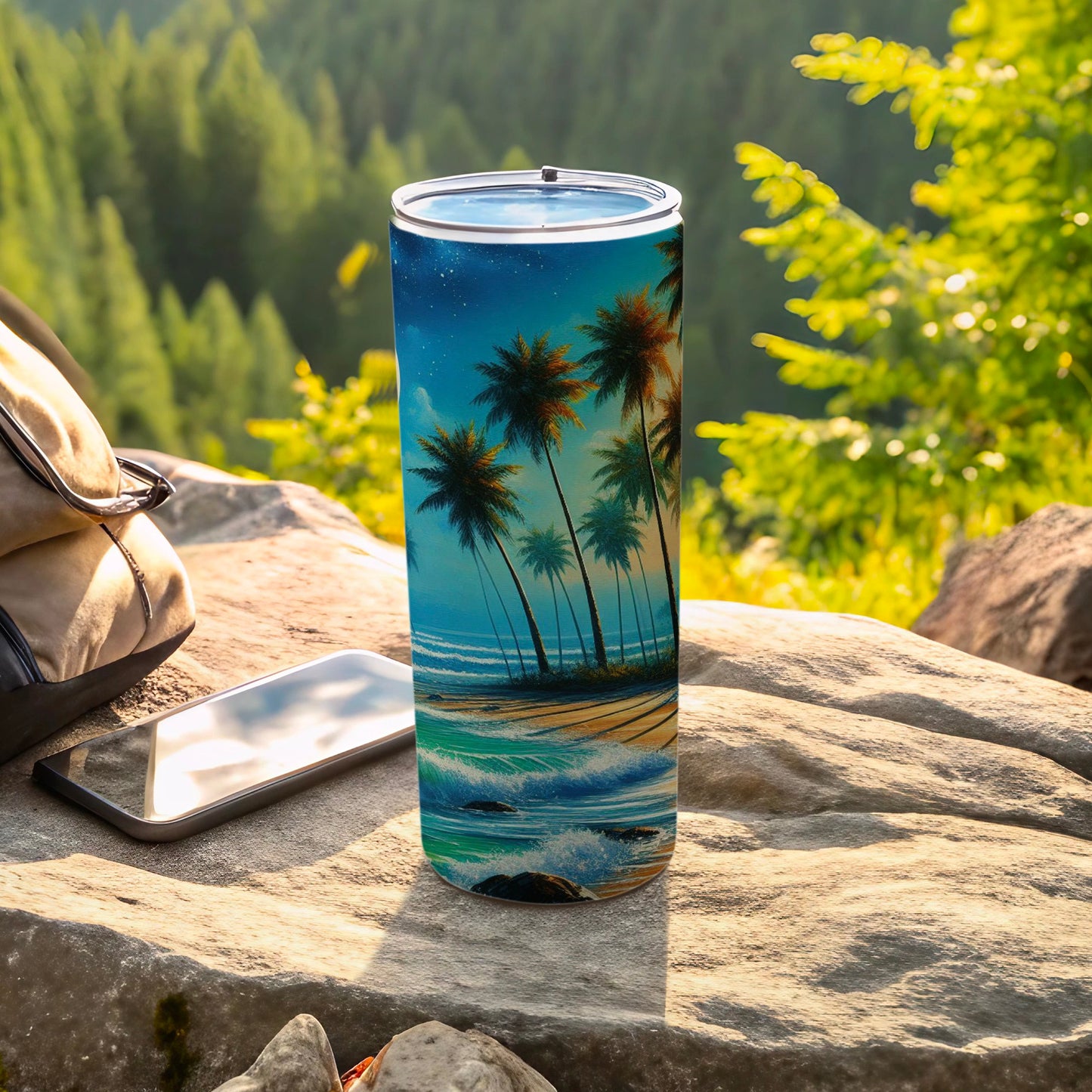 Tall tumbler with a tropical beach sunset scene on a rock.