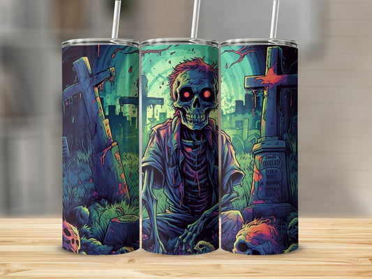 Zombie in a graveyard with crosses and skulls on three tumblers.