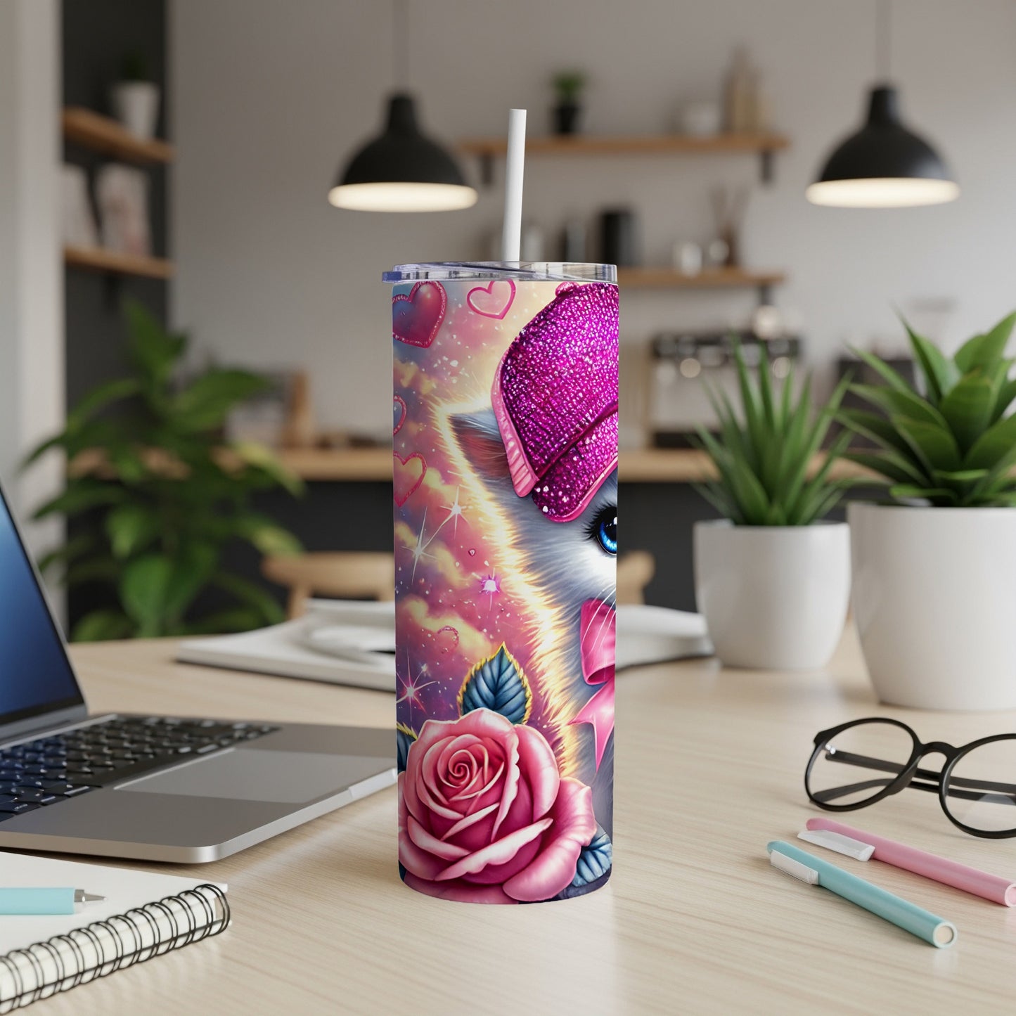 Pink glitter unicorn tumbler with rose, hearts, and straw, on desk.