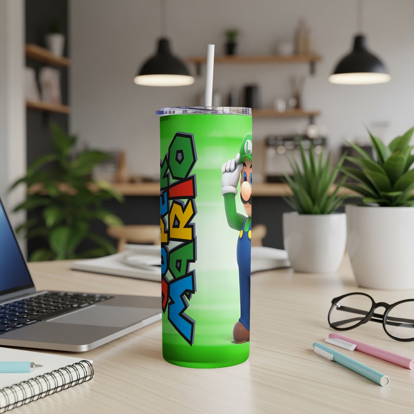 Green tumbler with Mario characters and logo, straw inserted.