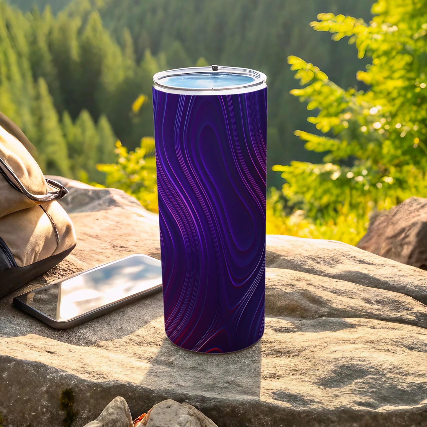 Vibrant purple abstract swirl design skinny tumbler product type
