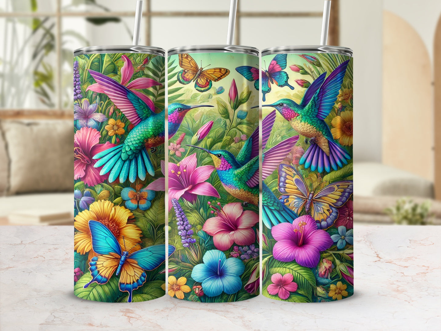 Colorful Hummingbird And Butterfly Stainless Tumbler