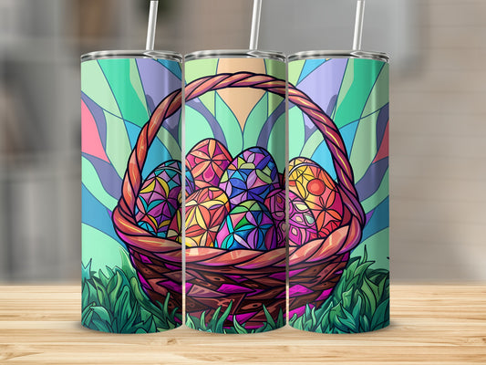 Easter basket filled with colorful, stained-glass style eggs on grass.