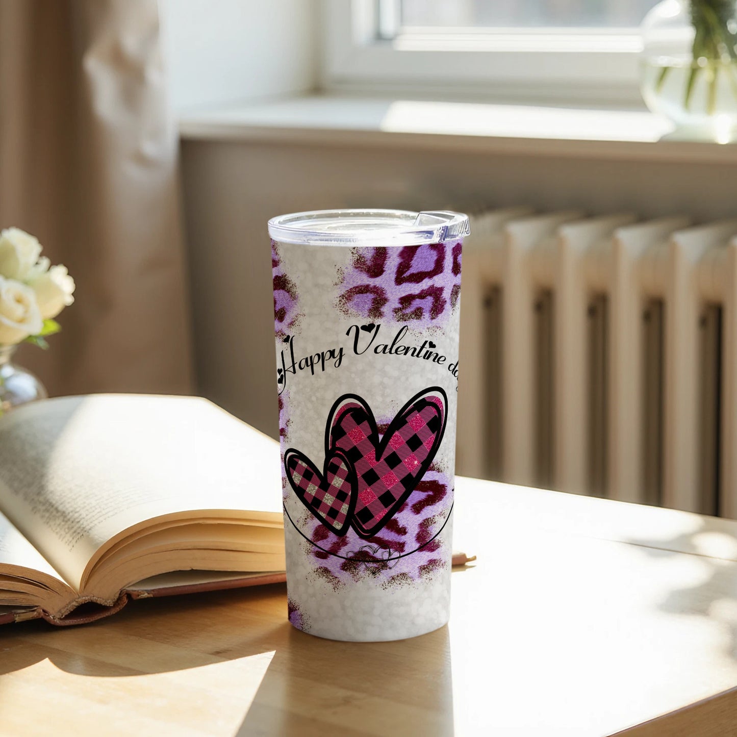 Happy Valentine Hearts Leopard Print Tumbler