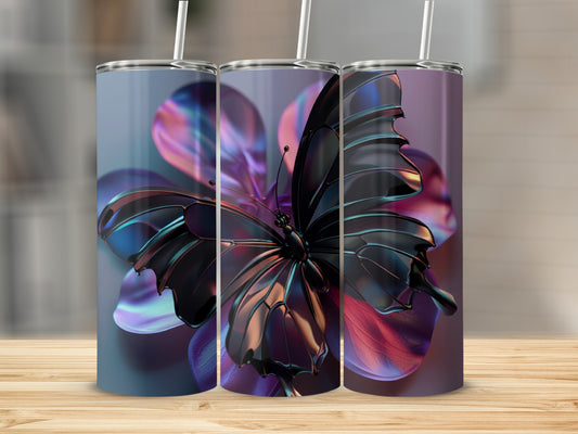 Three tumblers with metallic butterfly designs on abstract floral backgrounds.