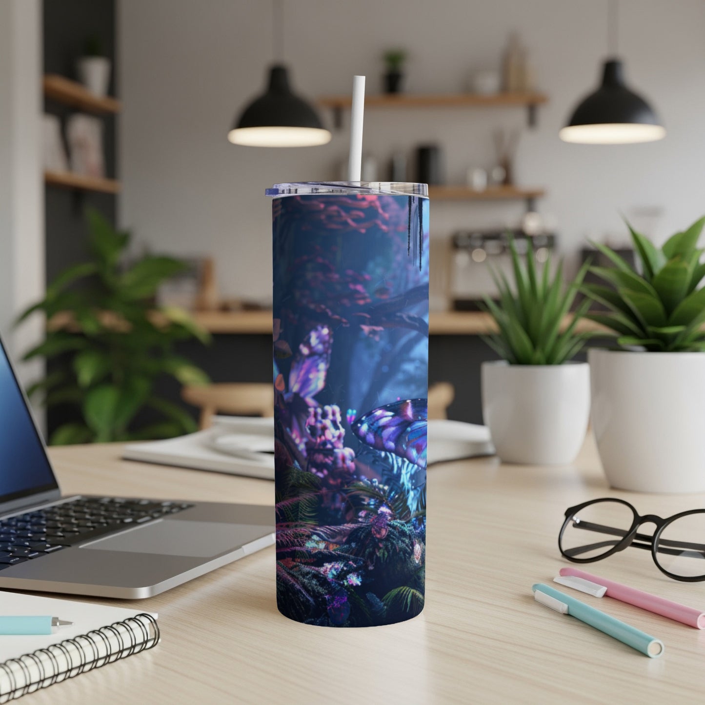 Tall tumbler with glowing bioluminescent plants and mushrooms.