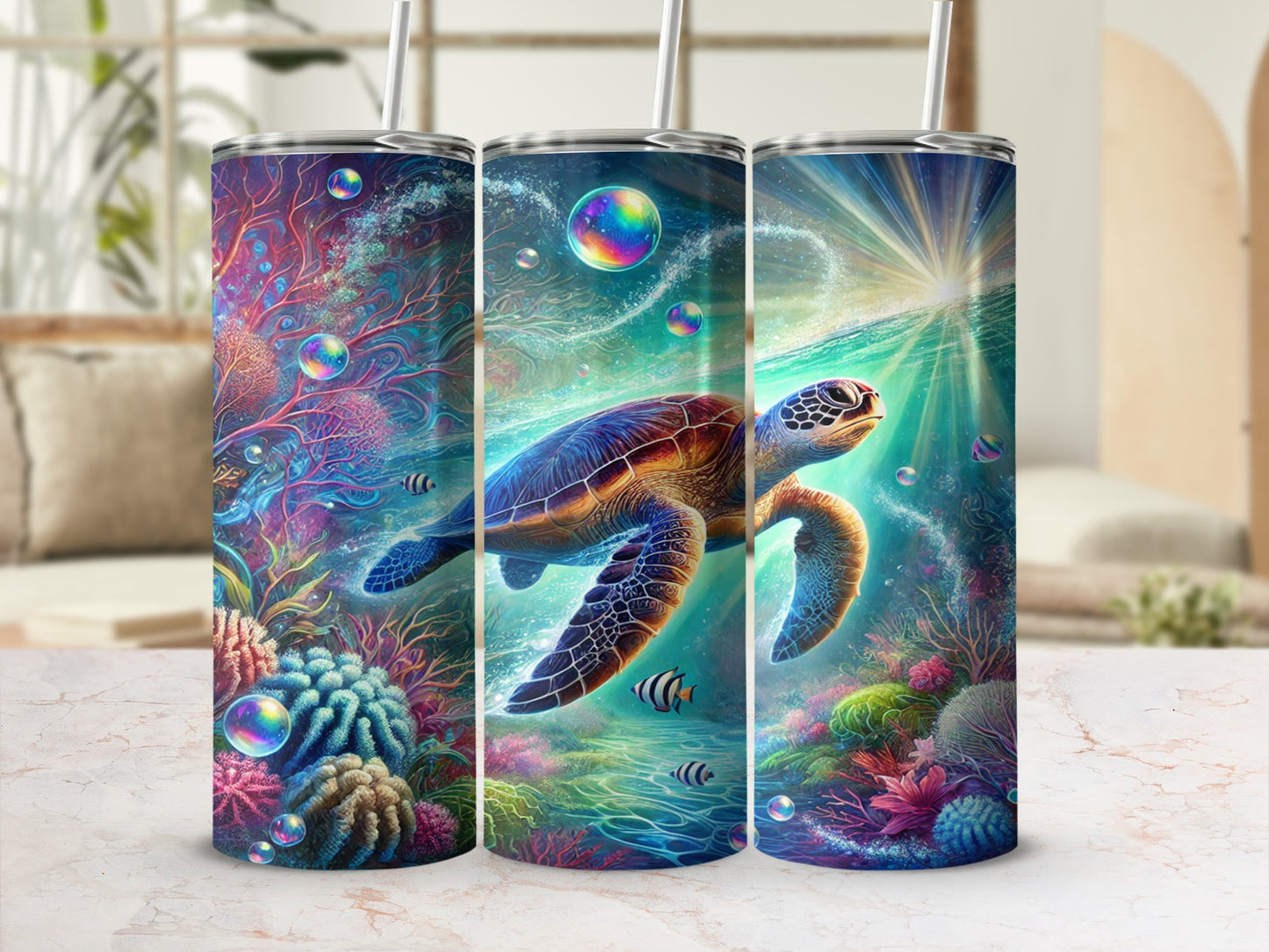 Vibrant Underwater Turtle with Oceanic Coral Patterns Tumbler