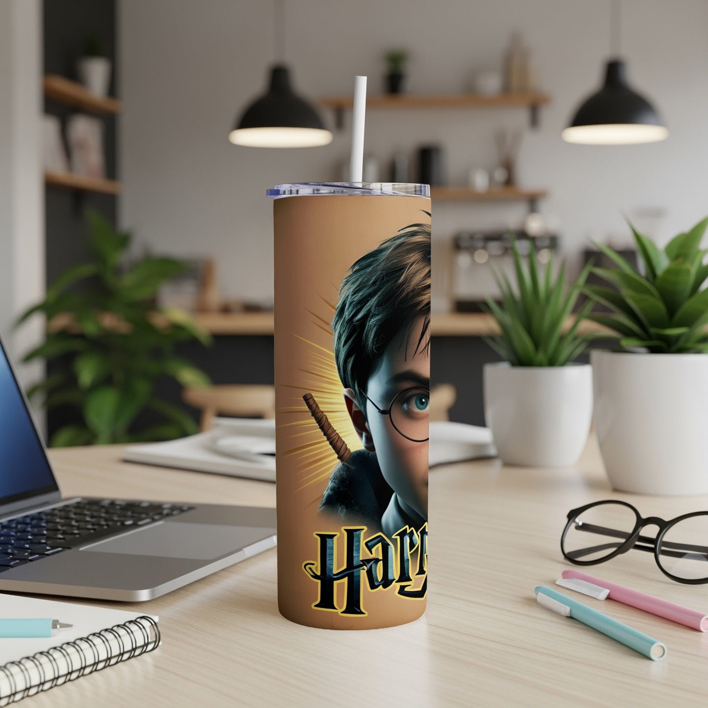 Harry Potter tumbler with a character portrait and Hogwarts crest.