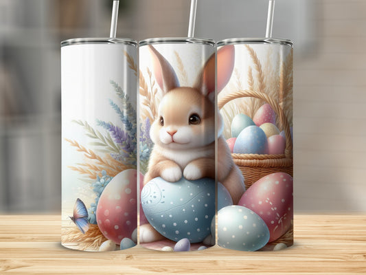 Easter bunny with pastel eggs and wheat in basket.