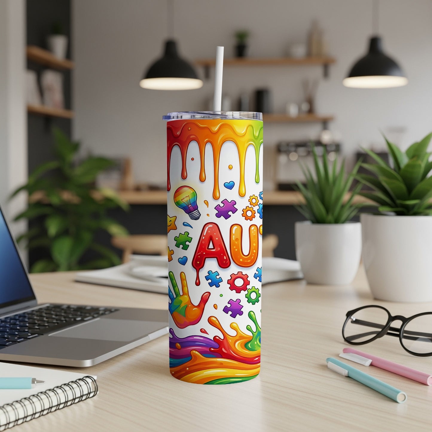 Colorful tumbler with puzzle pieces, handprint, and "AU" text.