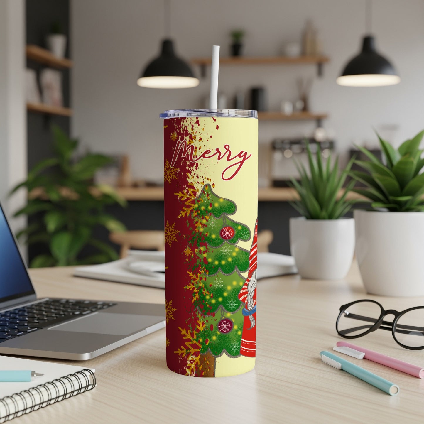 Yellow tumbler with green Christmas tree, red snowflakes, and "Merry" text.
