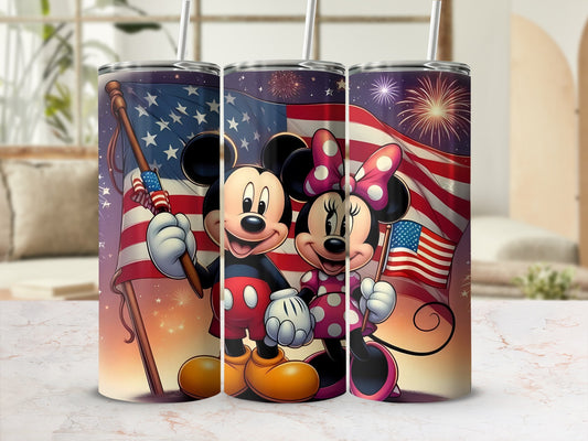 Mickey and Minnie with American Flag patriotic tumbler