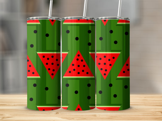Three tumblers with watermelon slice pattern and black dots.