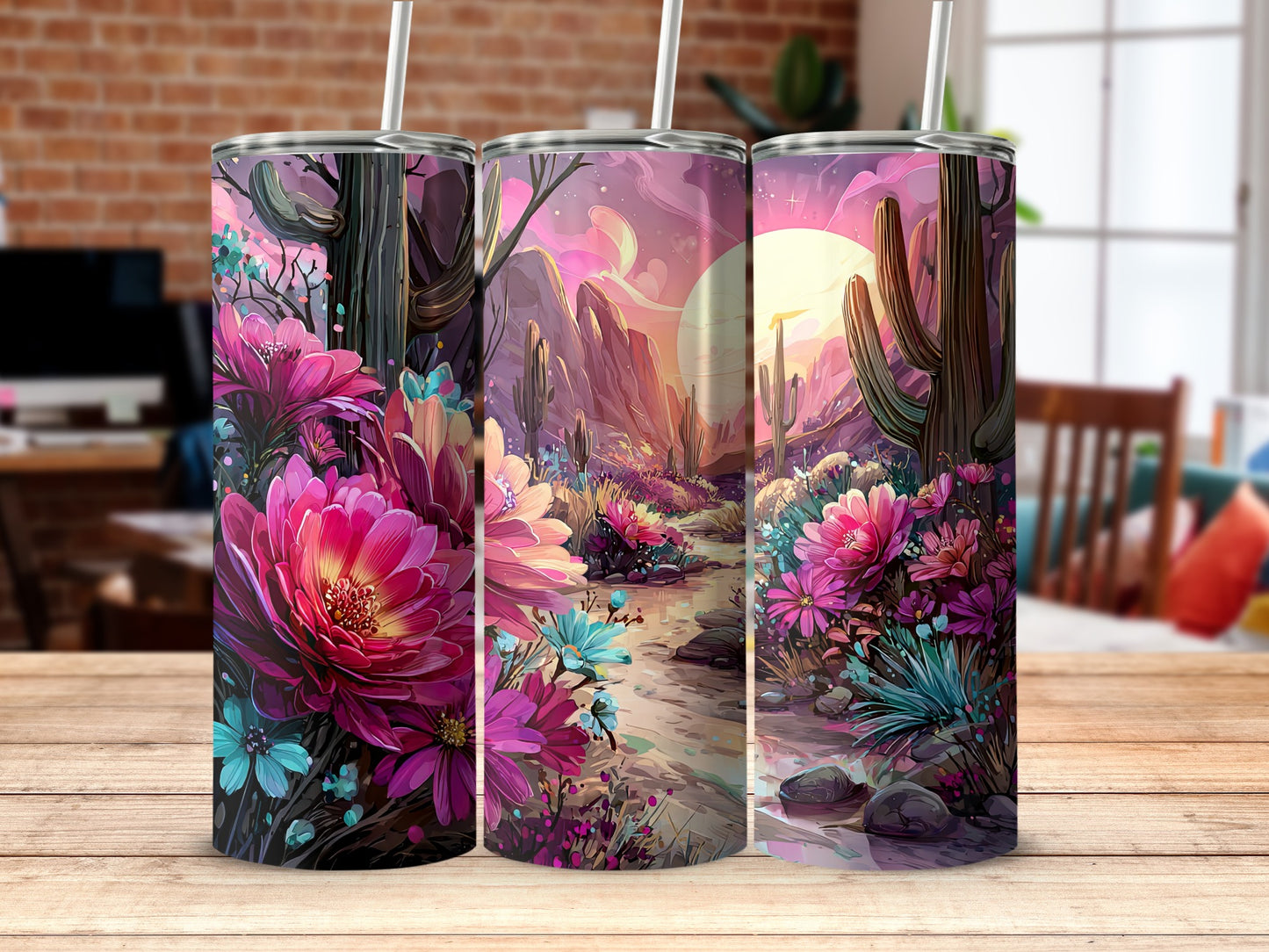 Beautiful Cactus and Flowers Desert Scene Tumbler