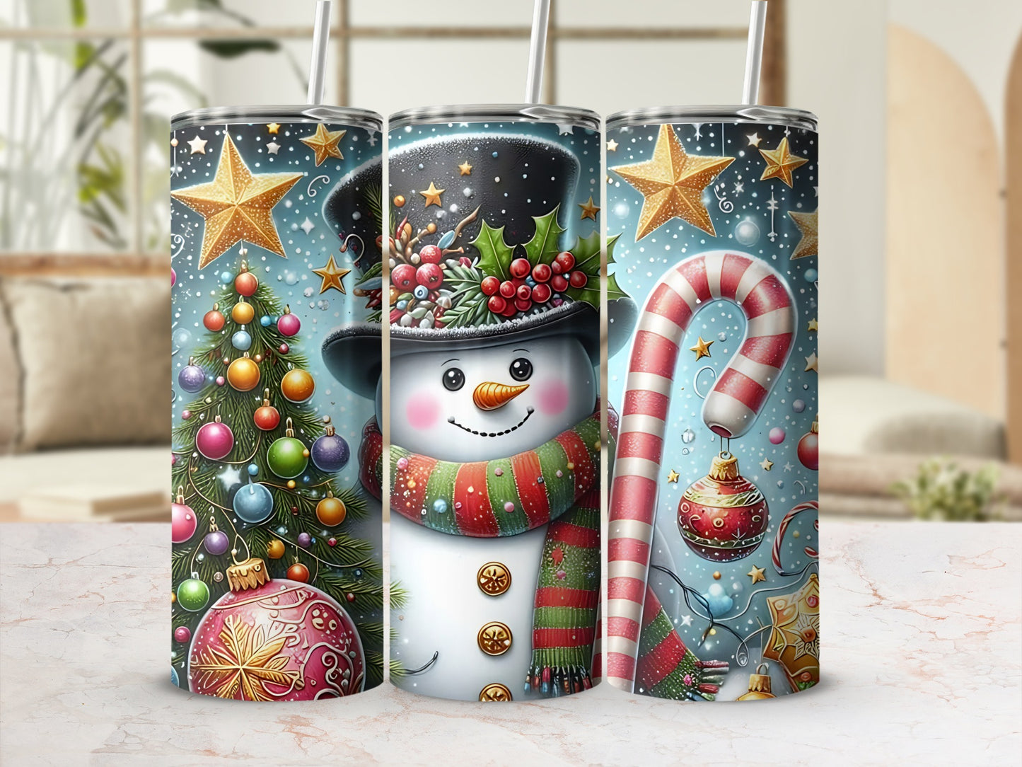 Festive Christmas Snowman and Tree Design Tumbler