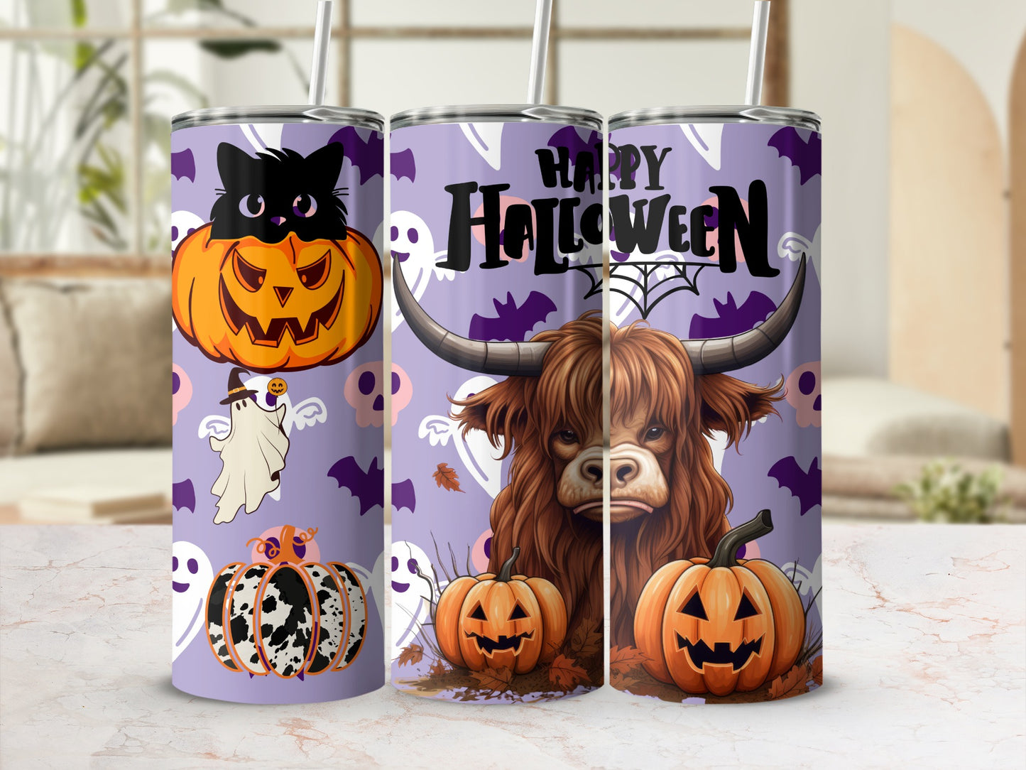 Happy Halloween Cow Ghost Cat Pumpkin Tumbler