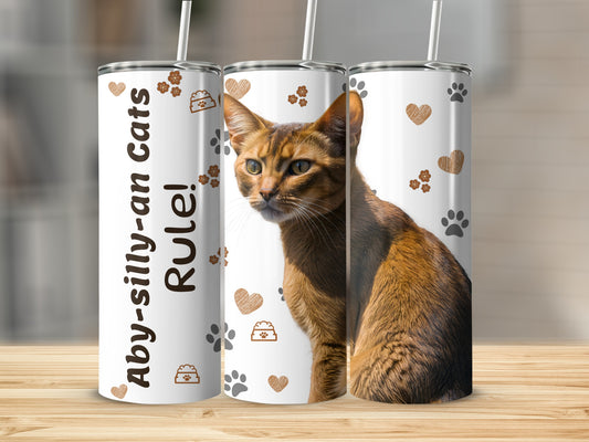 Abyssinian cat tumbler with paw prints and hearts, "Aby-silly-an Cats Rule!"