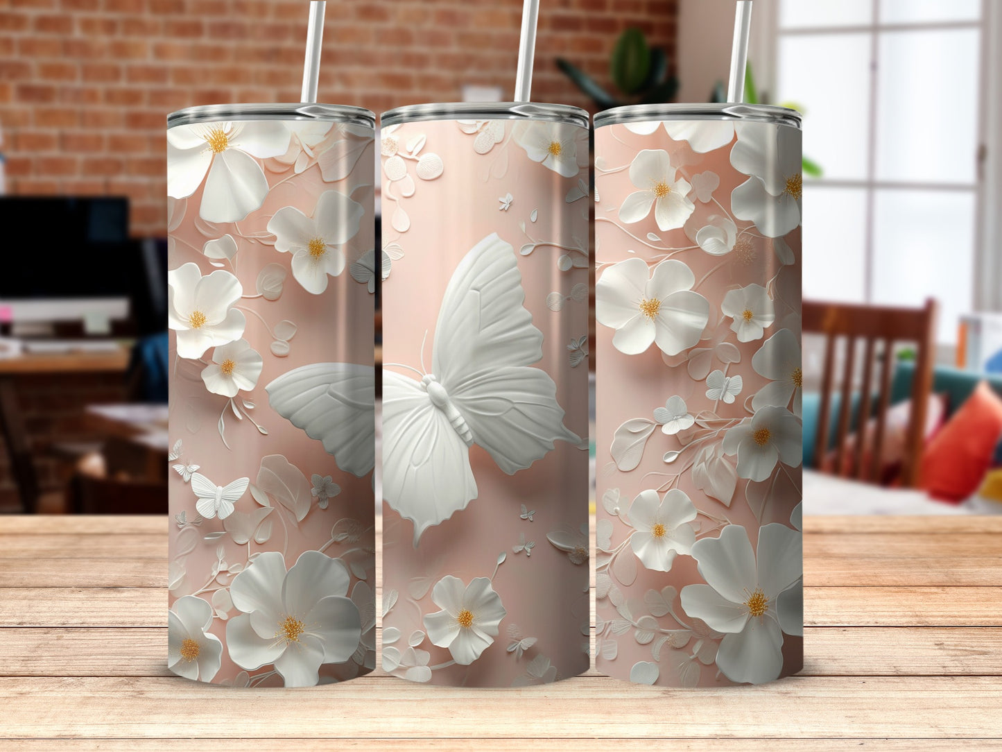Delicate Pink Floral Butterfly Embossed Pattern Tumbler product type
