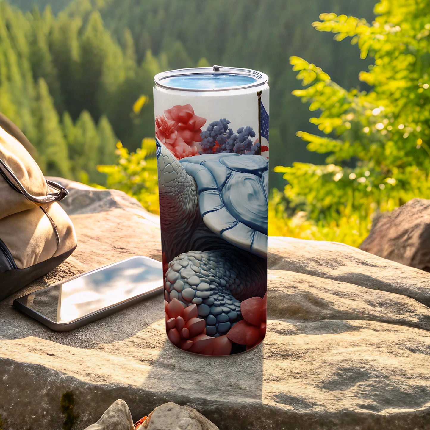 Tumbler with turtle, succulent, and American flag design.