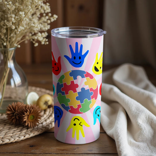 Colorful Handprints and Puzzle Design Tumbler