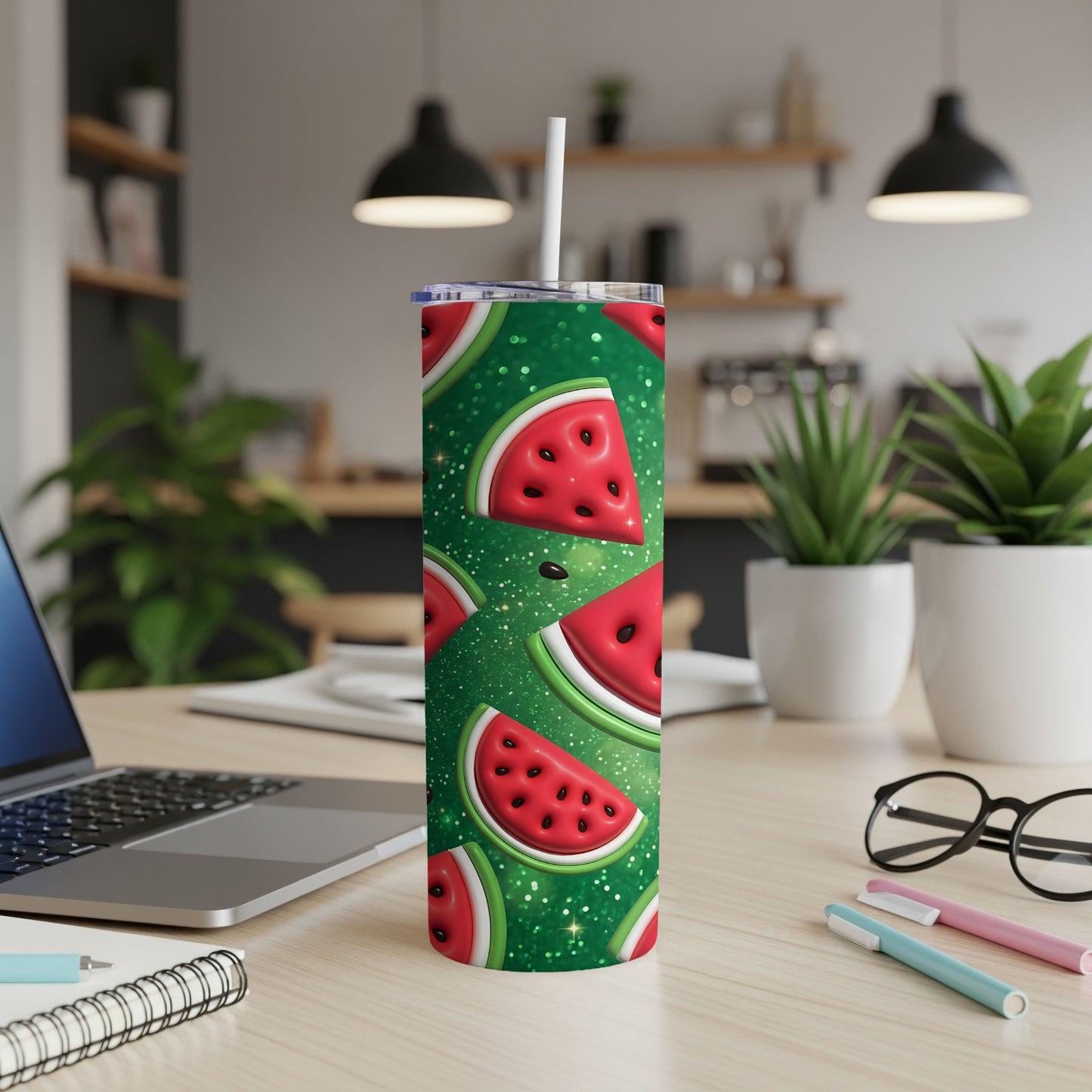 Tumbler with sliced watermelon pattern and green glitter accents.