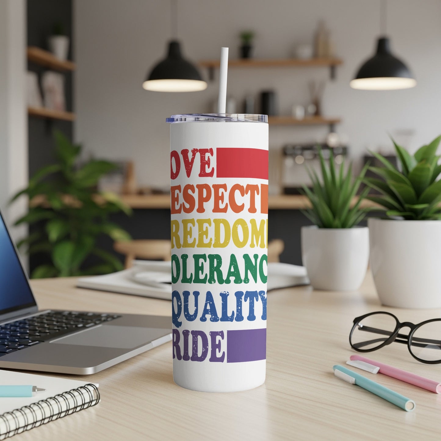 Tumbler with LGBTQ+ pride words: Love, Respect, Freedom, Tolerance, Equality, Pride.