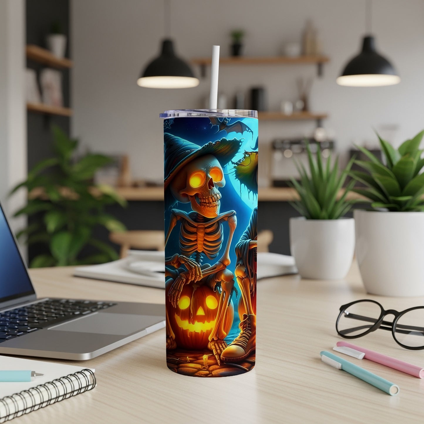 Halloween skeleton with witch hat on pumpkin tumbler with straw, bats and moon.