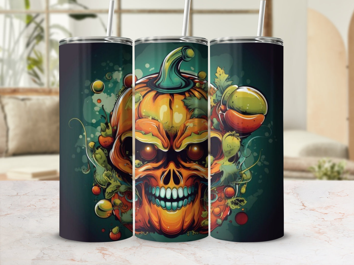 Vibrant Halloween Pumpkin Skull Graphic Tumbler Cup