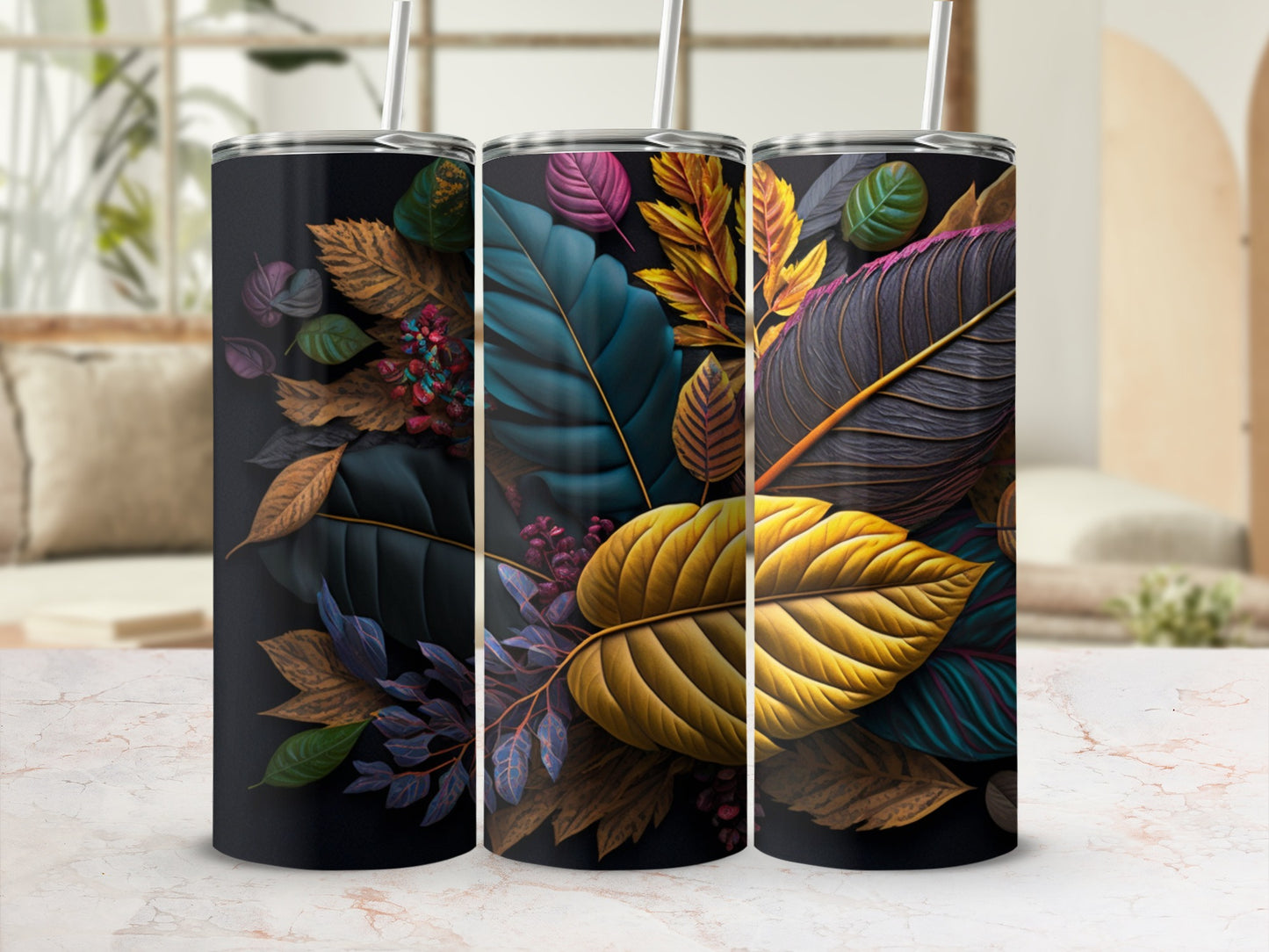 Autumn Leaves Patterned Tumbler with Straw Flask