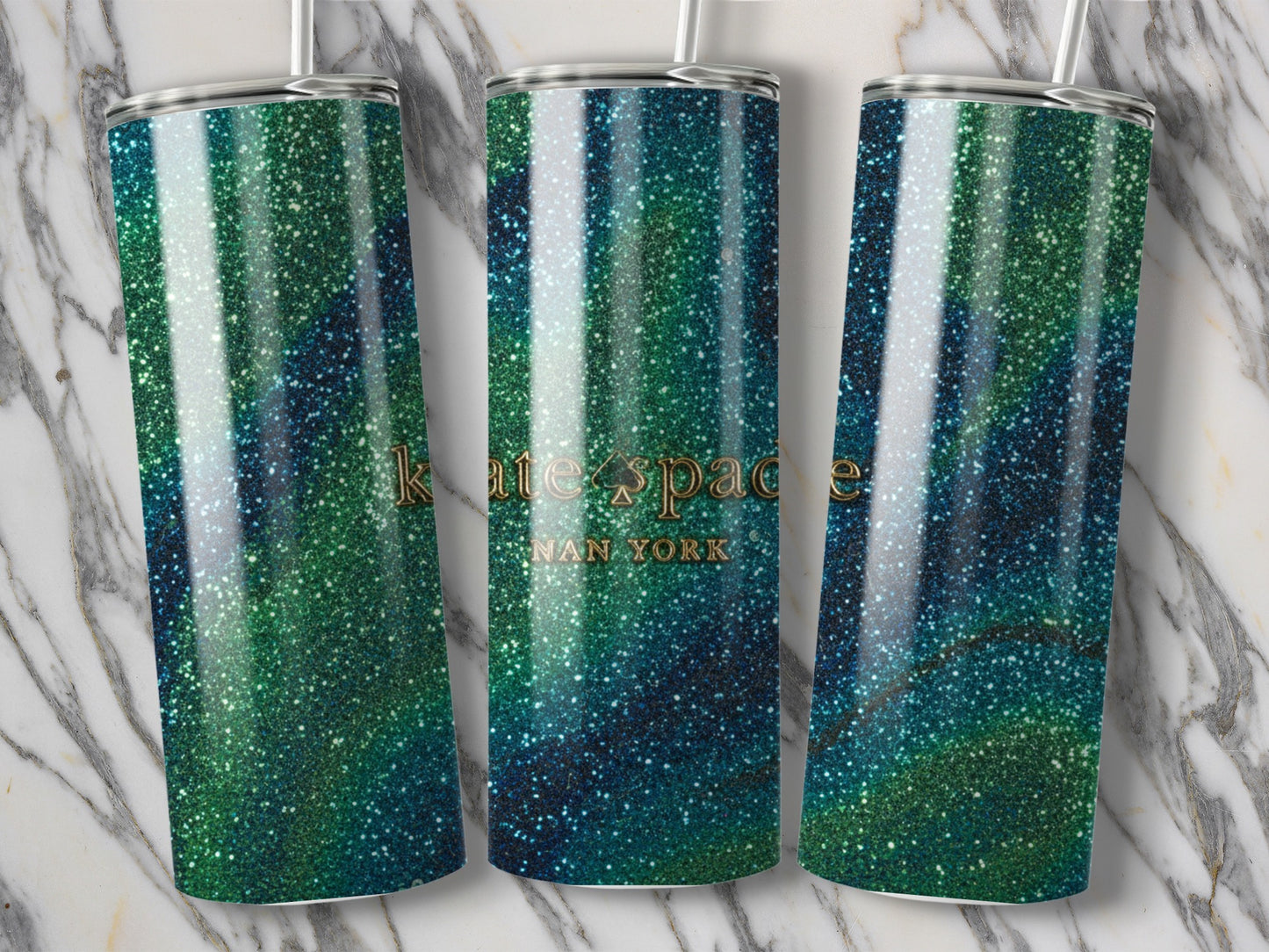 Kate Spade Inspired New York Green and Blue Glitter Design Tumblers