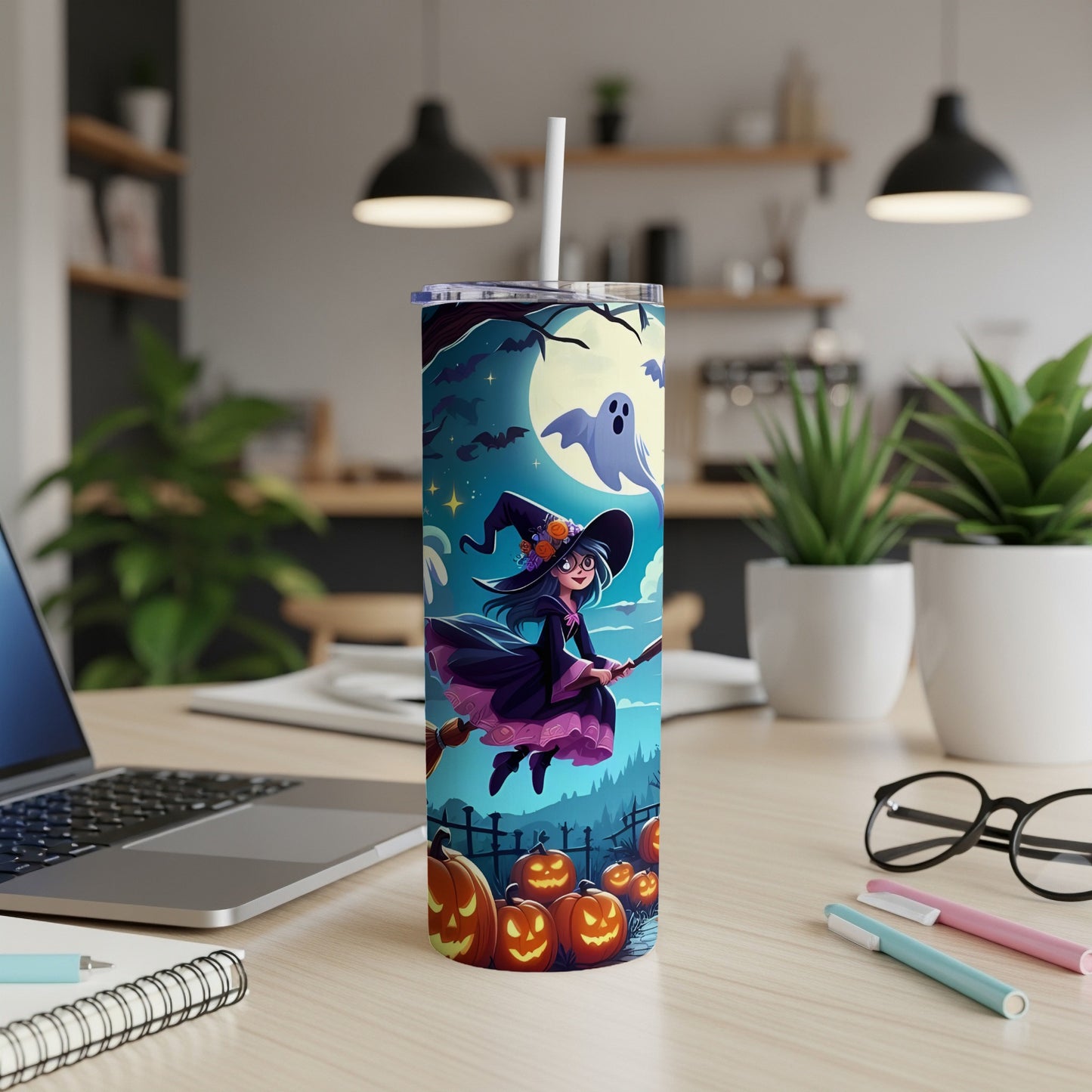 Halloween tumbler with witch, ghost, bats, moon, and jack-o'-lanterns.