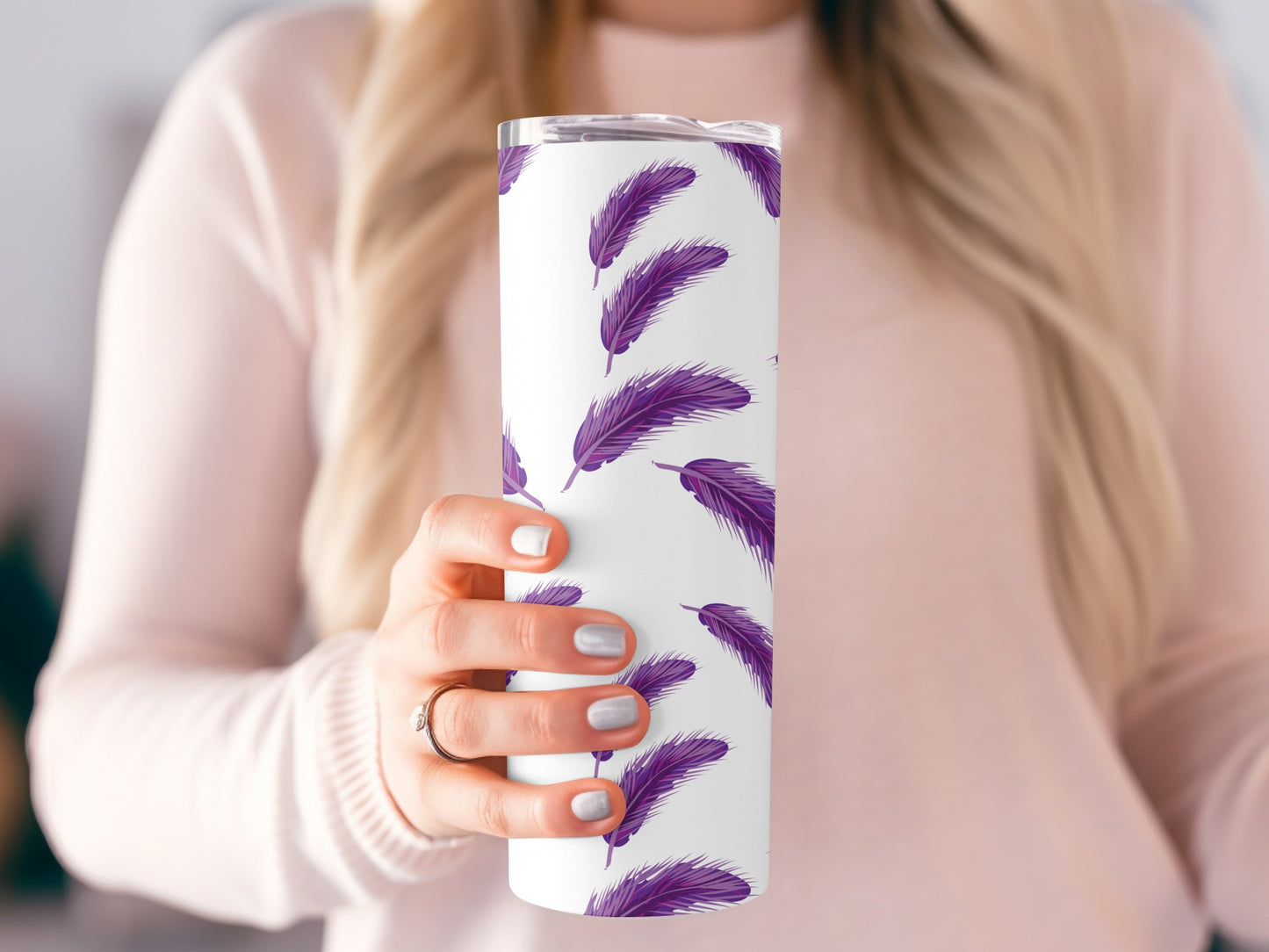 Purple Feather Patterned Travel Tumbler Cup