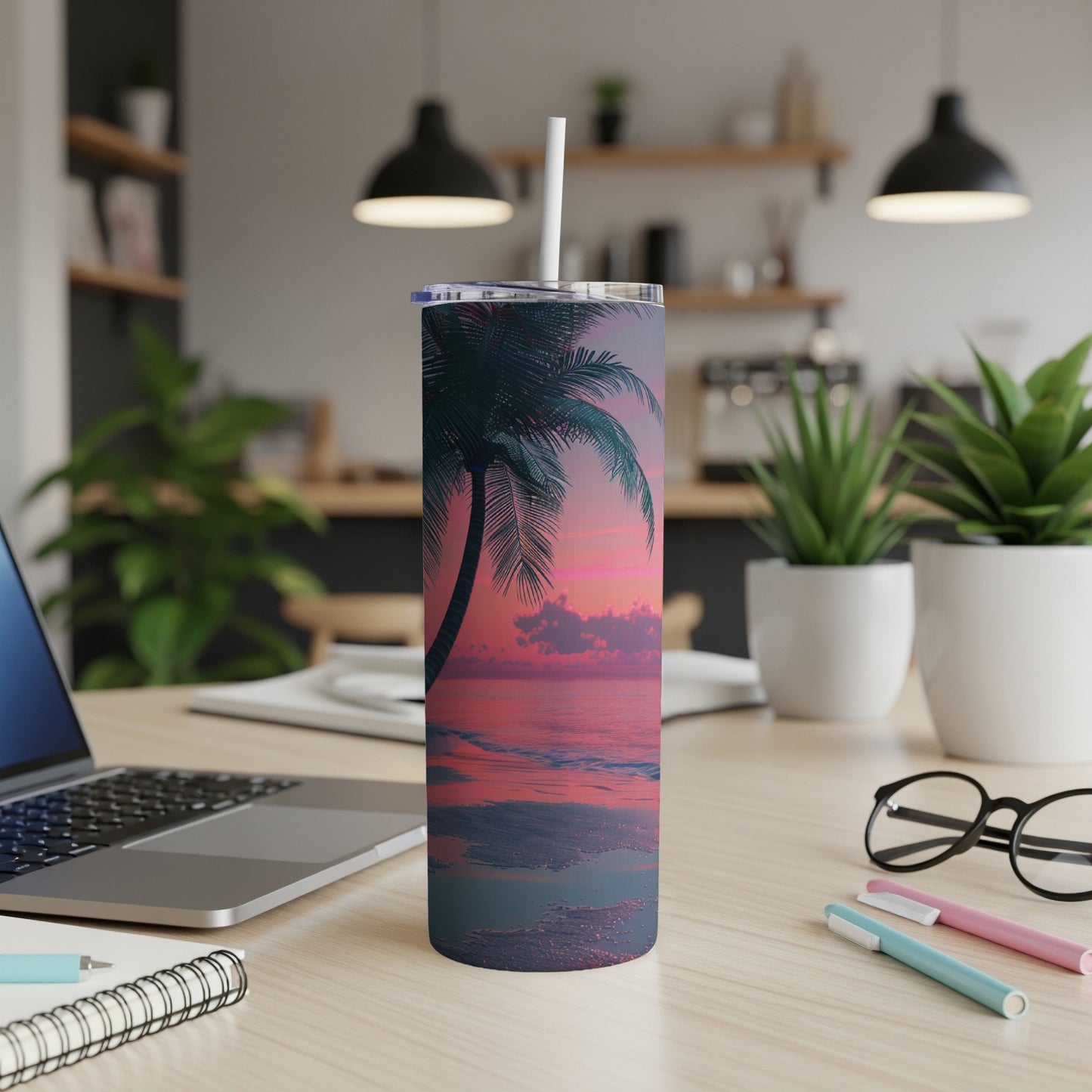 Beach sunset with palm tree on a skinny tumbler.