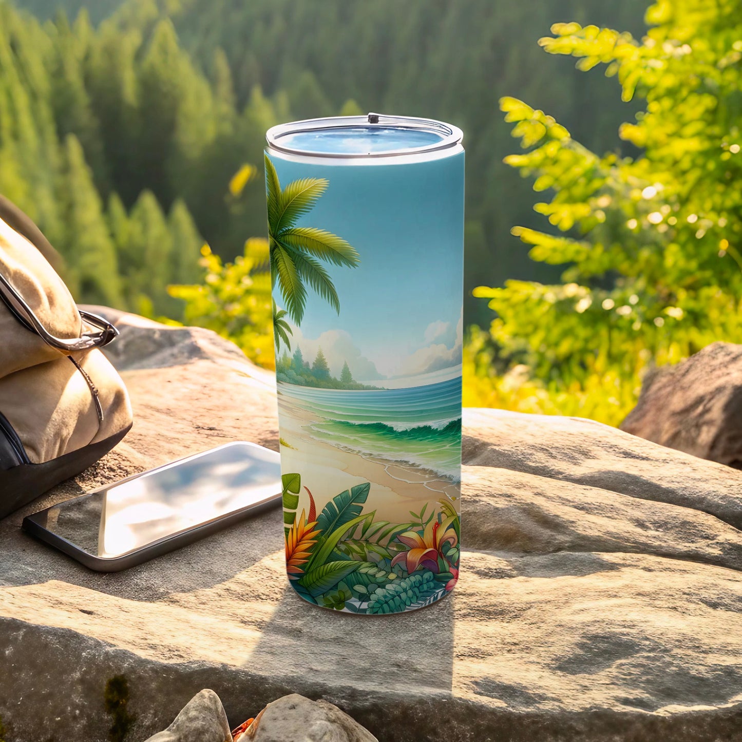 Beach scene tumbler with palm trees and tropical plants on rocks.