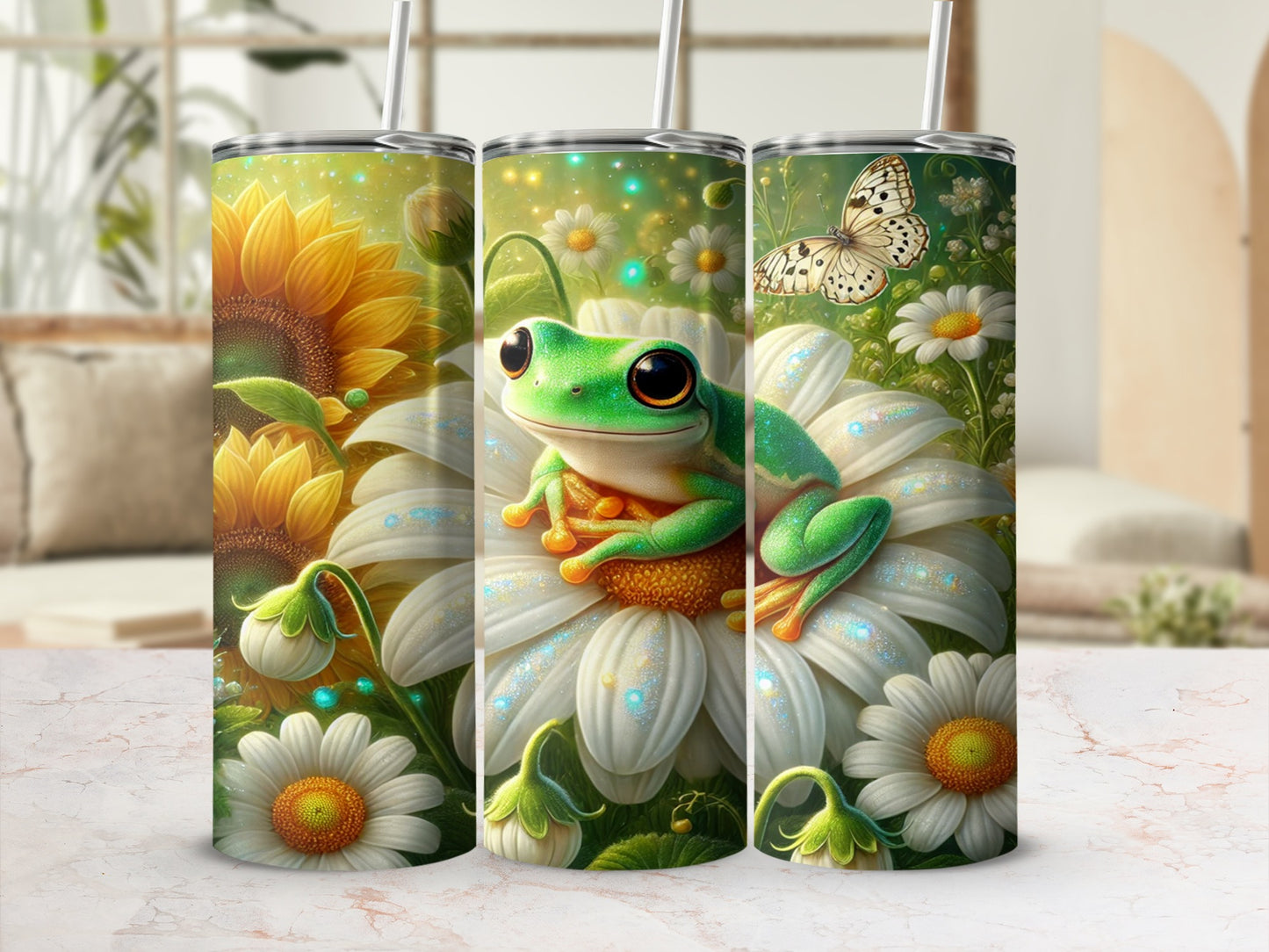 Vibrant Frog and Sunflower Design Tumbler Cup