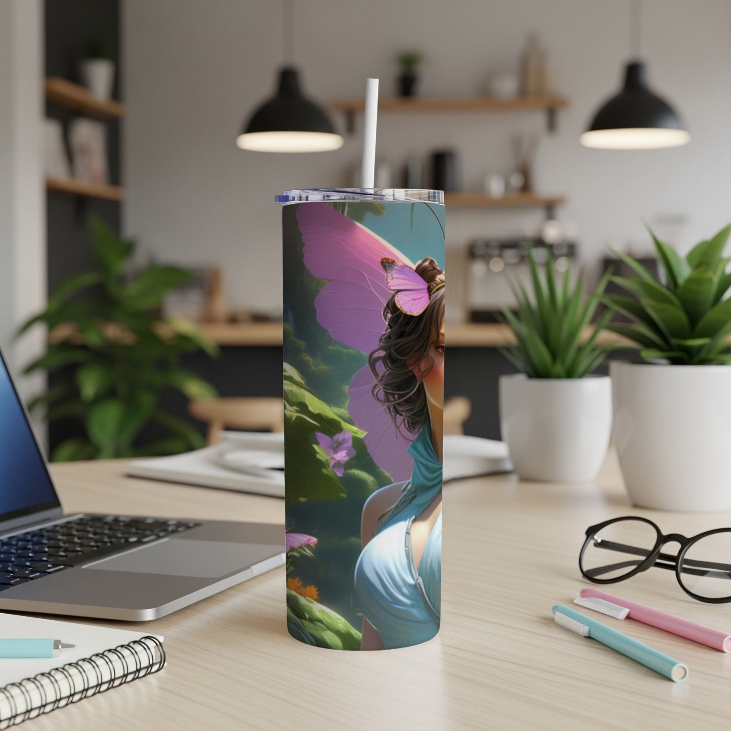 Fairy with large wings on a blue tumbler cup with floral background.