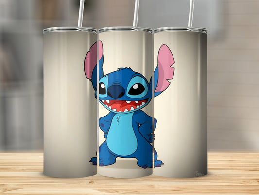 Blue Stitch character on a cylindrical tumbler with a pale yellow background.