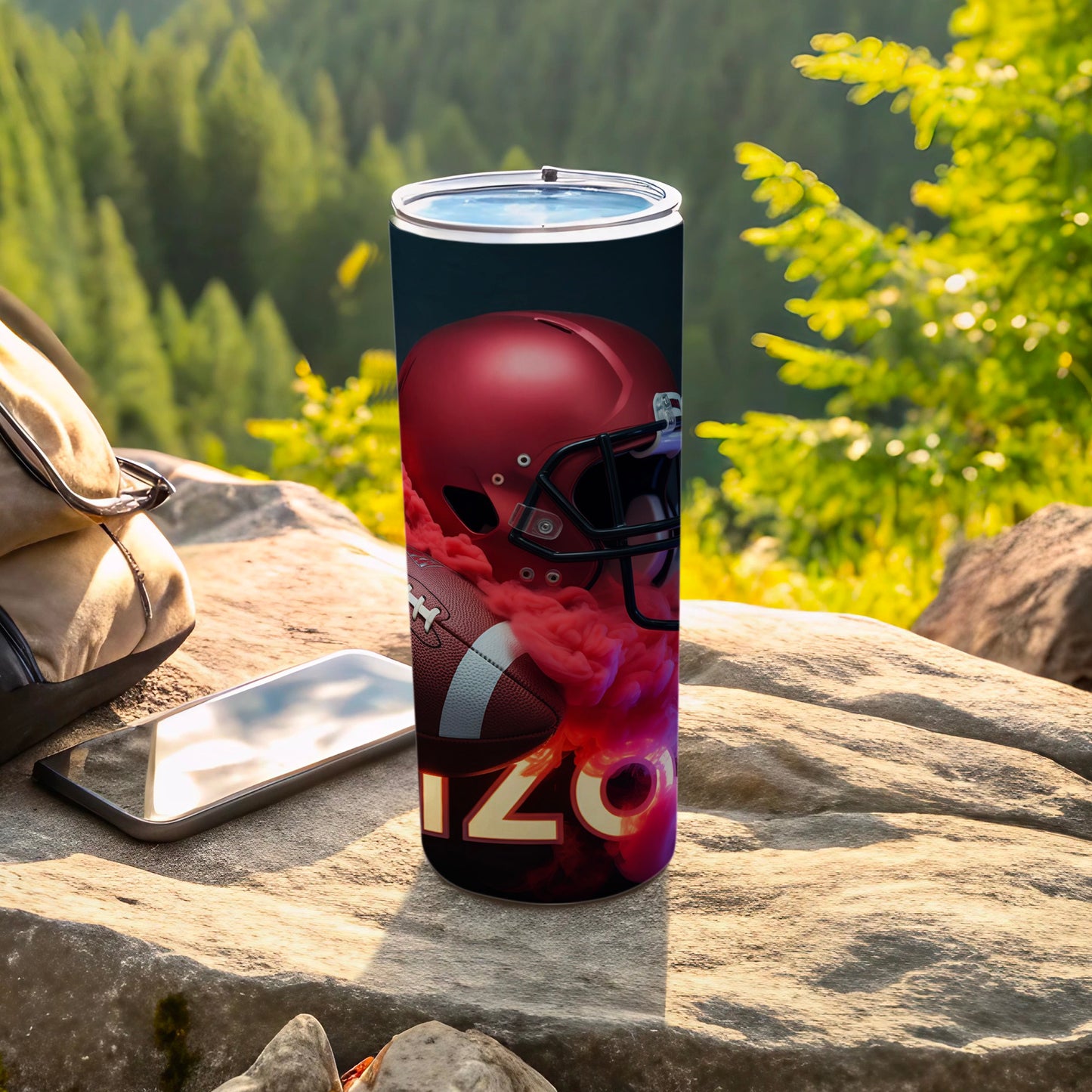 Tumbler with football helmet, football, and red smoke; "ARIZONA" text.