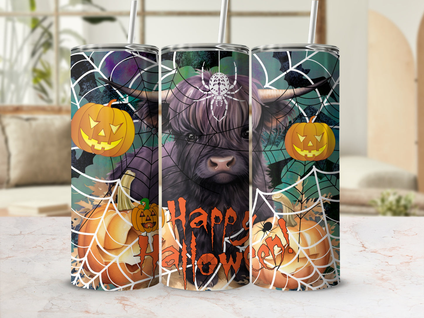 Happy Halloween Pumpkin and Spiderweb Design Tumbler