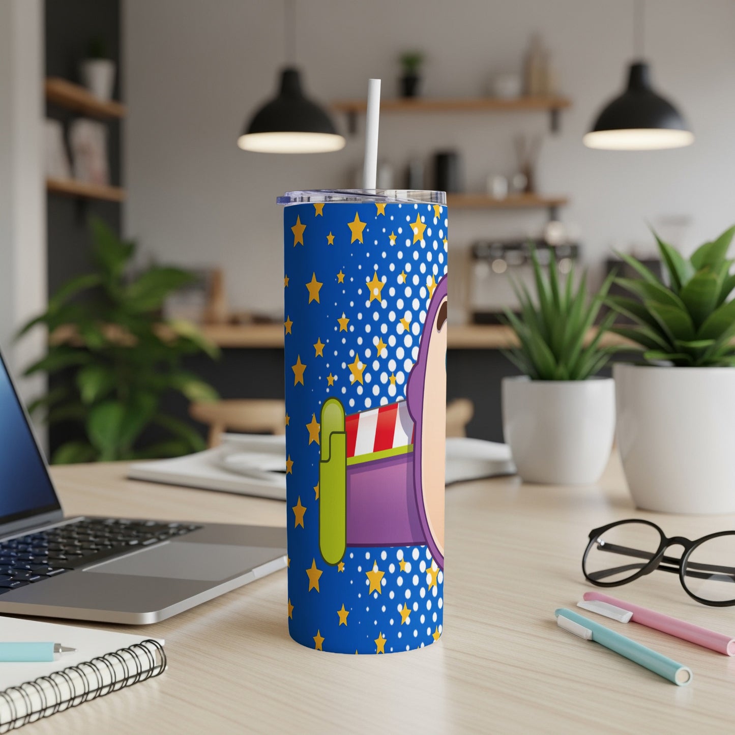 Blue tumbler with Buzz Lightyear character art and white stars.