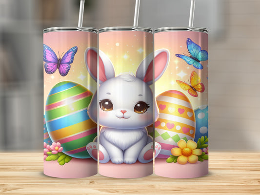 Easter bunny with colorful eggs and butterflies on a pink gradient background.