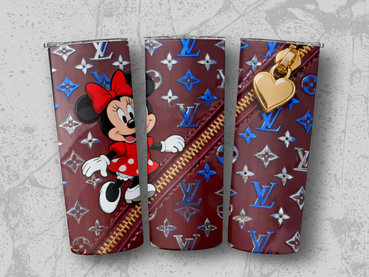 Minnie Mouse on repeating LV monogram pattern with gold zipper detail.
