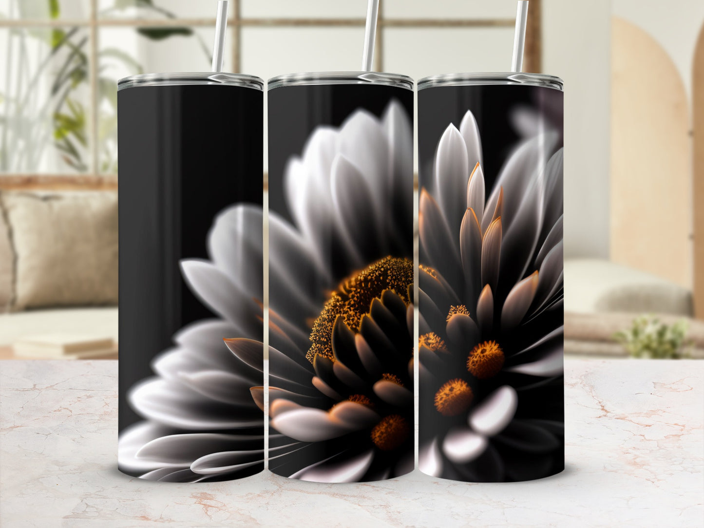 Elegant Floral Black and White Tumbler Design