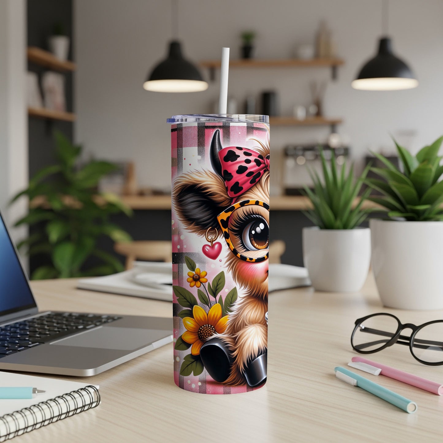 Cute cow with glasses and pink bow on a tumbler.