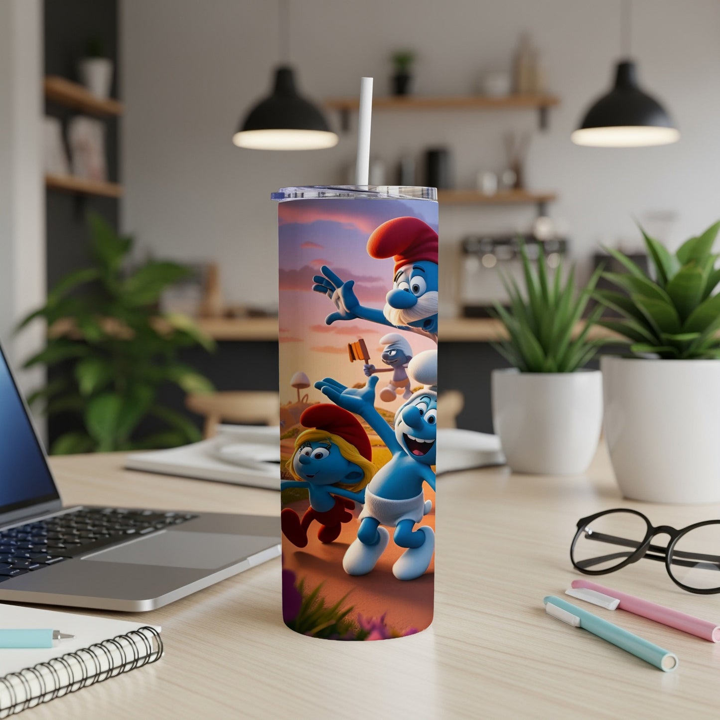 Smurfs characters in a playful scene on a skinny tumbler with a straw.
